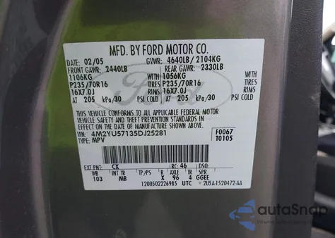 2005 Mercury Mariner Luxury/Premier из США, поврежденный, VIN 4M2YU57135DJ25281